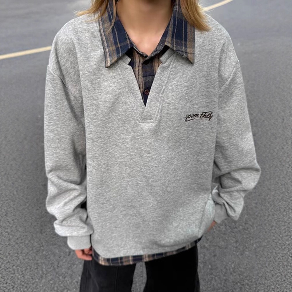 boy Boy Two-Piece Double-Layer Collar Embroidered Sweatshirt For Men Spring And Autumn Couple Long Sleeve Top American_voghion.com