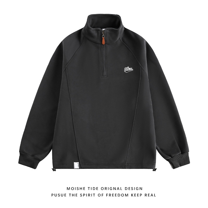 Felpa pesante oversize con collo alto ricamato in stile americano per ragazzi, modello casual, sportiva, ampia, con mezza zip_voghion.com