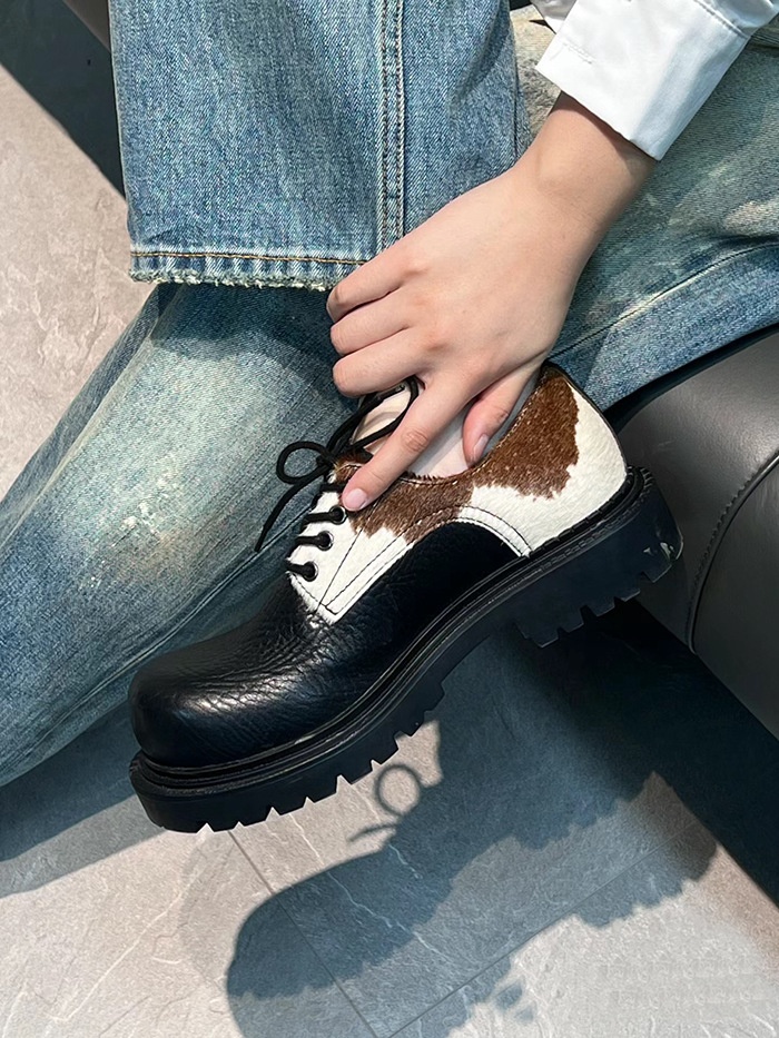 Voyage Horsehair Derby Unisex Milk Color Mandarin Duck Small Lace-up Chunky Heel Thick Sole Soft Leather Casual Shoes Trendy_voghion.com