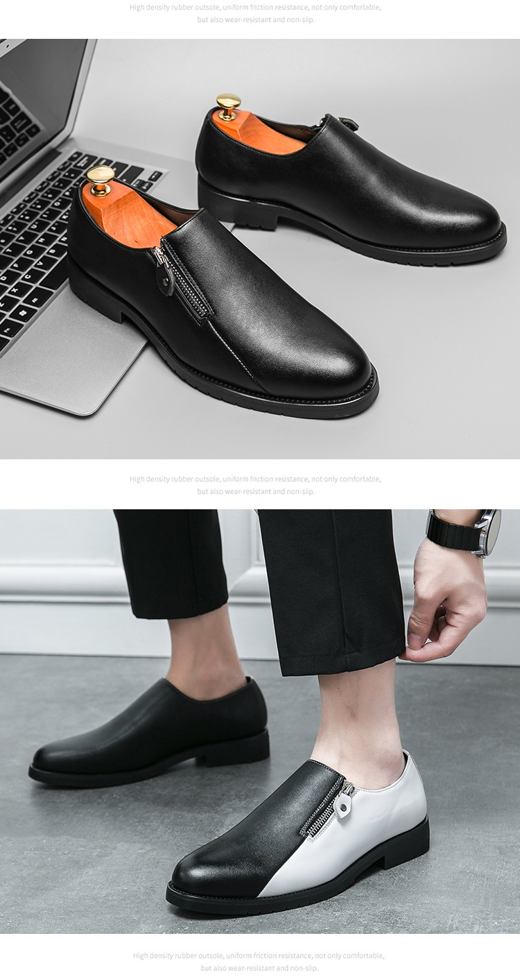 Voyage Spring Autumn Fashion Casual Leather Personality Black And White Two-tone Large Size Business Low-top Zipper Style_voghion.com