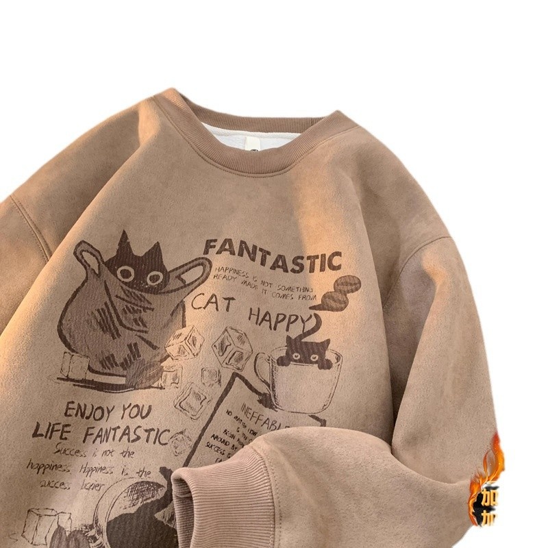 Sweat-shirt en daim épais doublé polaire à col rond pour homme, style américain, manches longues et amples, collection automne-hiver_voghion.com