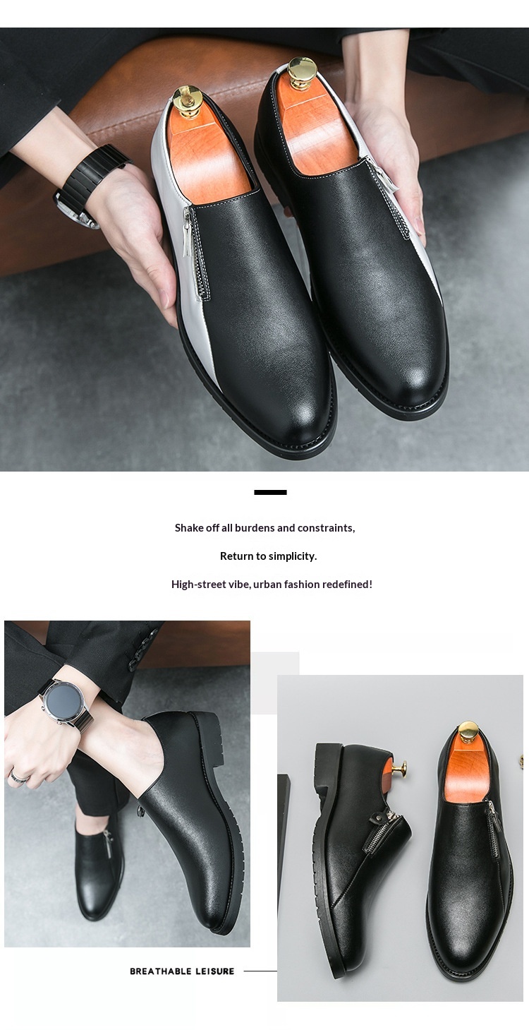 Voyage Spring Autumn Fashion Casual Leather Personality Black And White Two-tone Large Size Business Low-top Zipper Style_voghion.com