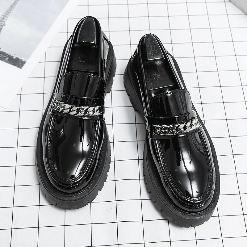 Voyage 2025 New Men's Large Toe Thick Sole Height Increasing Patent Leather Glossy Casual Chunky Heel Loafers Hairstylist_voghion.com