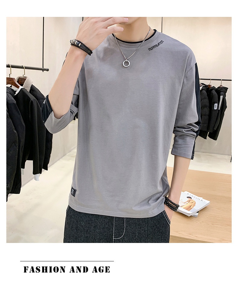 T-shirt à manches longues pour homme, collection printemps-automne, col rond tendance, coupe ample, patchwork de coton._voghion.com