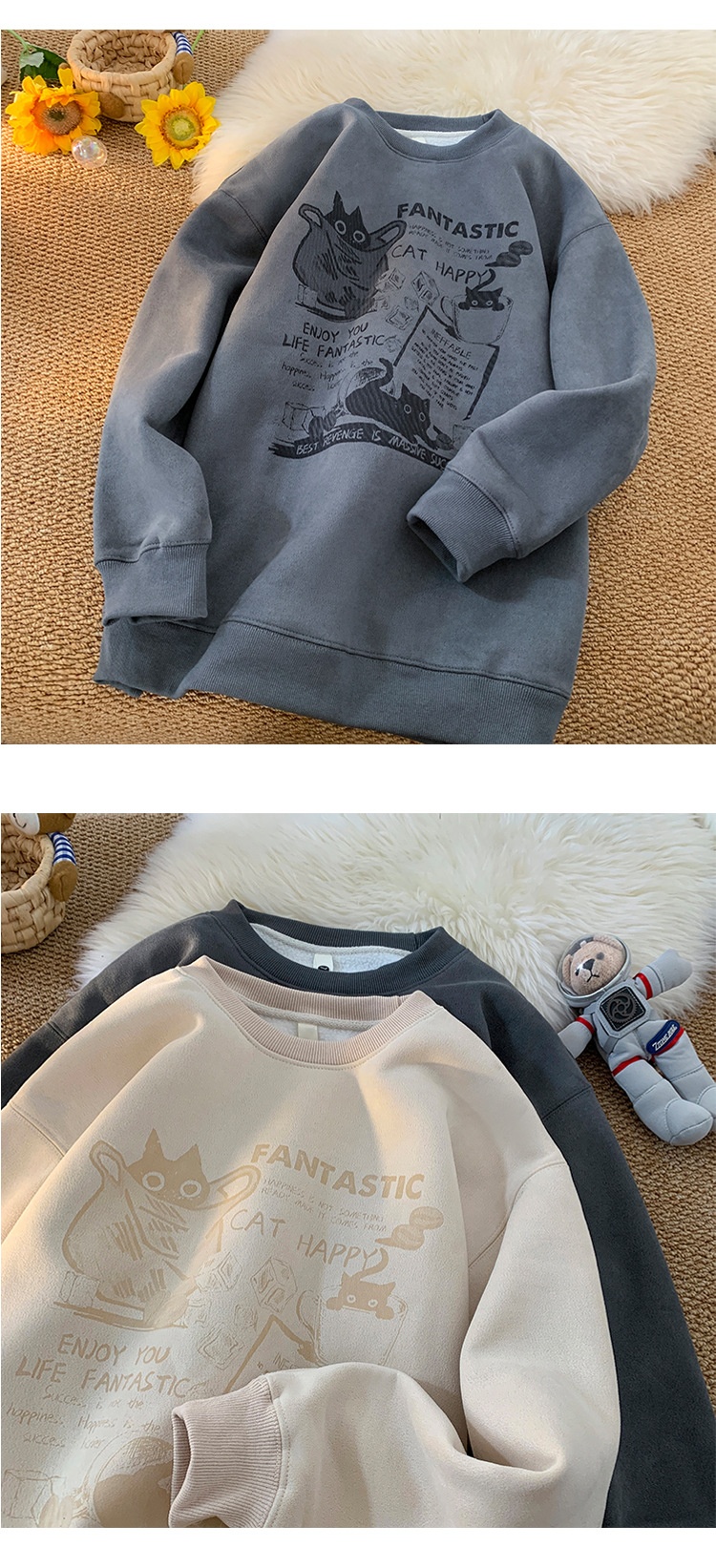 Sweat-shirt en daim épais doublé polaire à col rond pour homme, style américain, manches longues et amples, collection automne-hiver_voghion.com