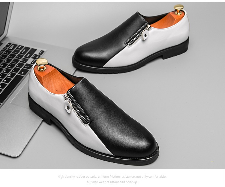 Voyage Spring Autumn Fashion Casual Leather Personality Black And White Two-tone Large Size Business Low-top Zipper Style_voghion.com