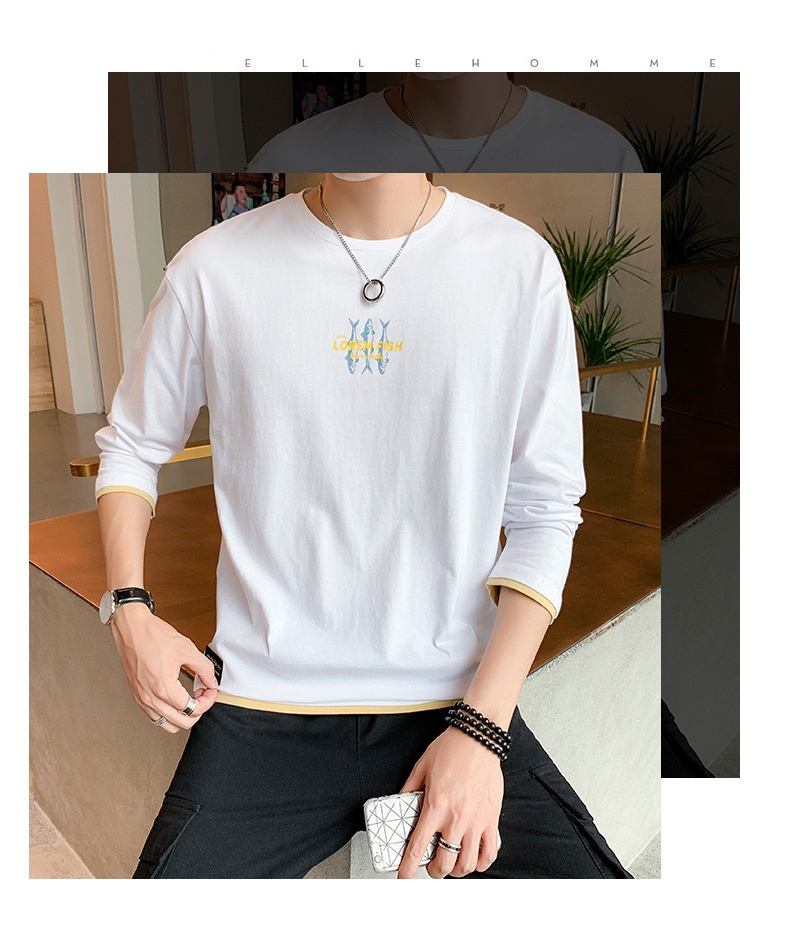 T-shirt à manches longues pour homme, collection printemps-automne, col rond tendance, coupe ample, patchwork de coton._voghion.com