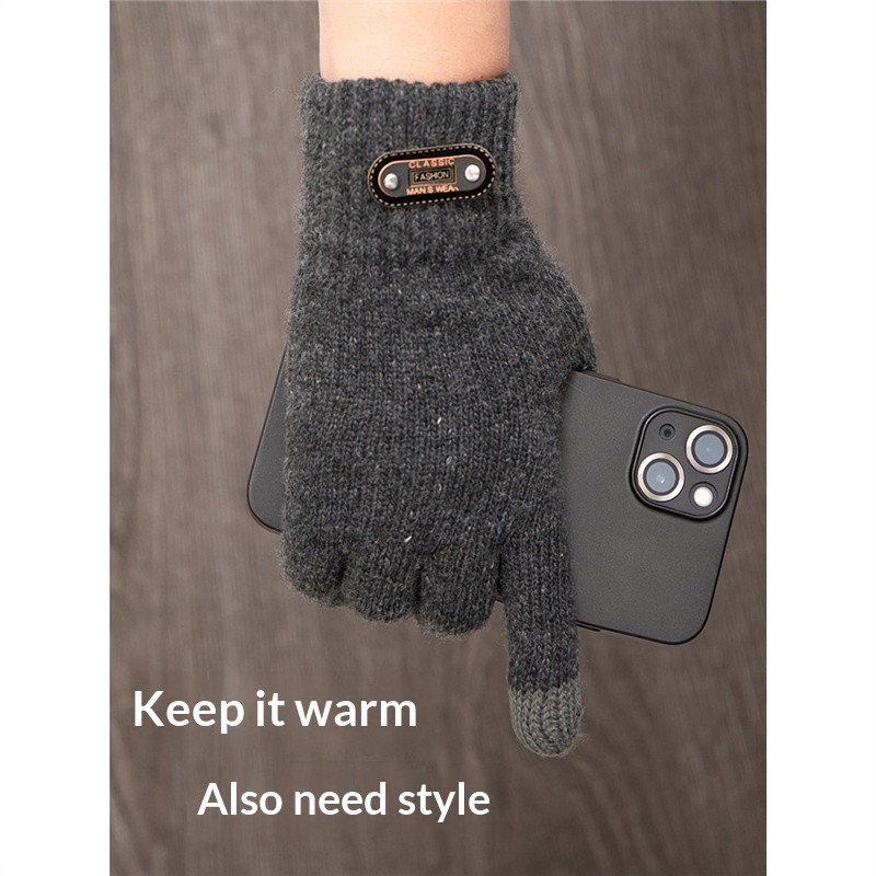Jungen-Handschuhe mit Touchscreen für den Winter, wärmend und kältegeschützt, doppellagig, gefüttert, dick, gestrickt, fünf Finger, Herren_voghion.com