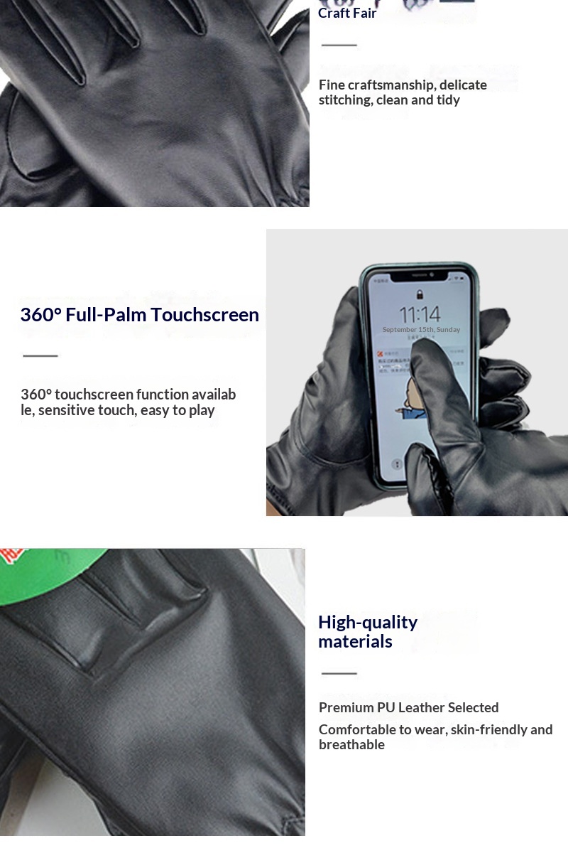 boy Boy Boy PU Leather Wholesale Men Women Winter Warm Gloves Thickened Fleece Trendy Black New Touchscreen_voghion.com