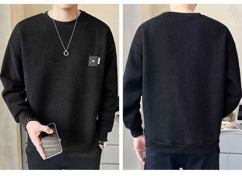 Sweat-shirt texturé pour homme, collection printemps-été, couleur unie, tendance 2023, coupe ample, col rond, style décontracté automne._voghion.com