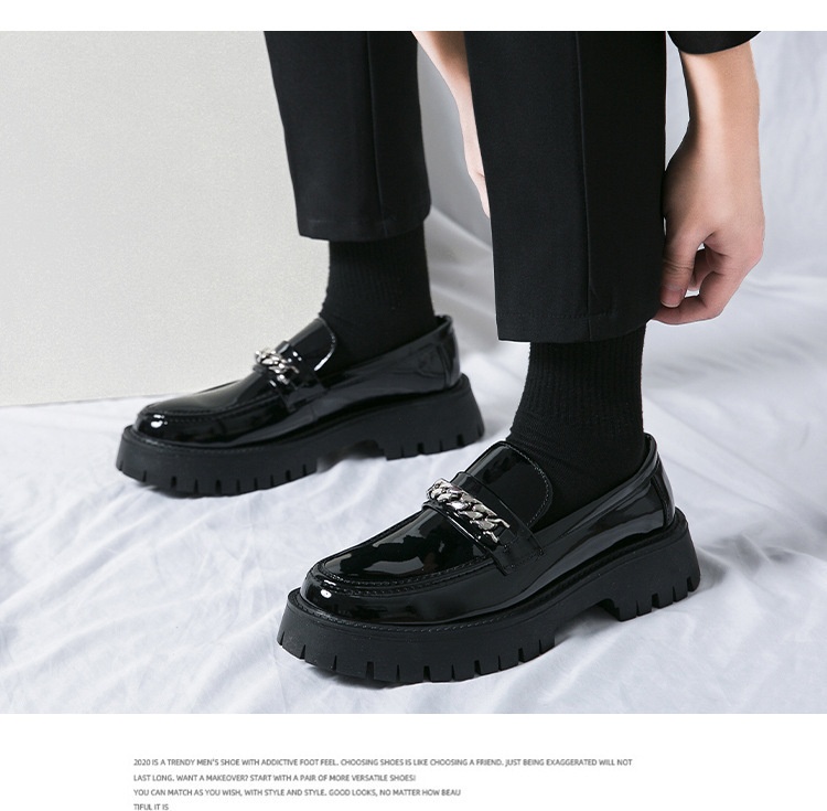 Voyage 2025 New Men's Large Toe Thick Sole Height Increasing Patent Leather Glossy Casual Chunky Heel Loafers Hairstylist_voghion.com