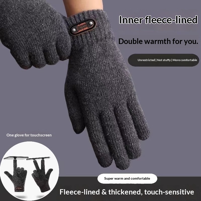 Jungen-Handschuhe mit Touchscreen für den Winter, wärmend und kältegeschützt, doppellagig, gefüttert, dick, gestrickt, fünf Finger, Herren_voghion.com
