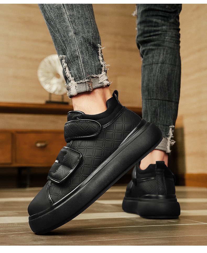 Voyage Voyage Velcro Loafers Casual Retro Sneakers Leather Thick Sole Height Increasing Fashion Trendy Men's Shoes_voghion.com