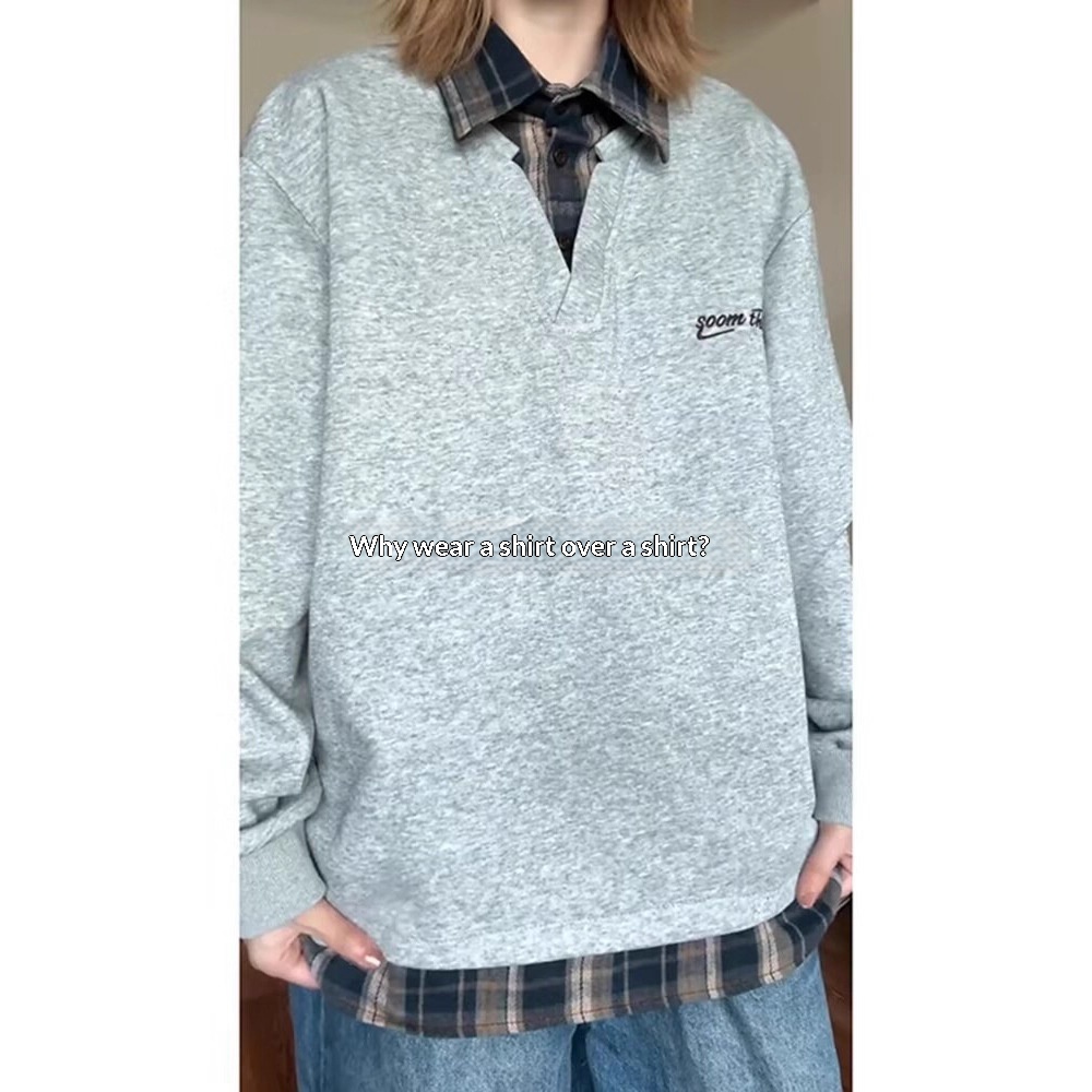 boy Boy Two-Piece Double-Layer Collar Embroidered Sweatshirt For Men Spring And Autumn Couple Long Sleeve Top American_voghion.com
