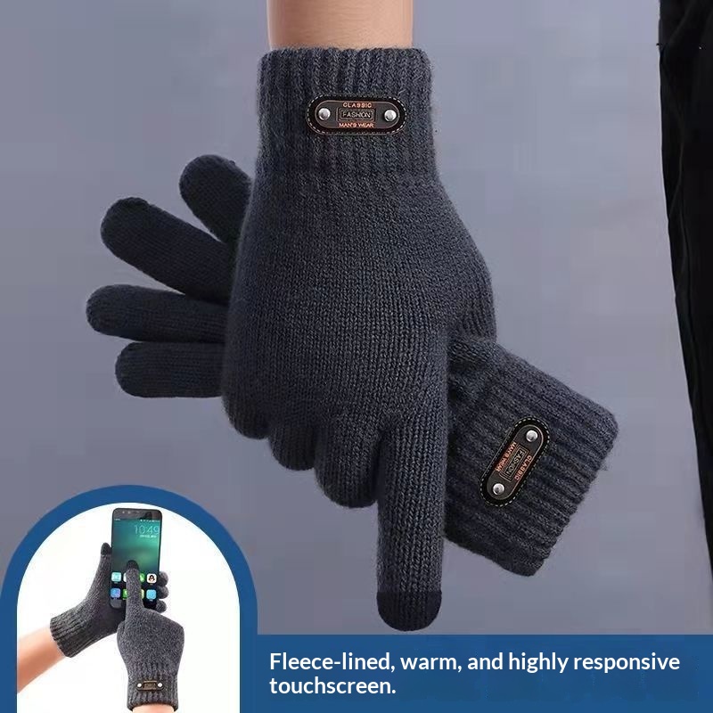 Jungen-Handschuhe mit Touchscreen für den Winter, wärmend und kältegeschützt, doppellagig, gefüttert, dick, gestrickt, fünf Finger, Herren_voghion.com