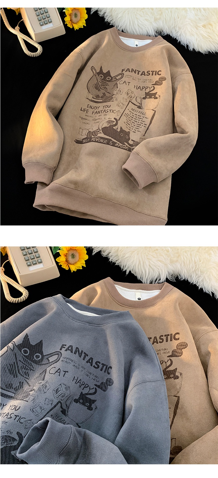 Sweat-shirt en daim épais doublé polaire à col rond pour homme, style américain, manches longues et amples, collection automne-hiver_voghion.com