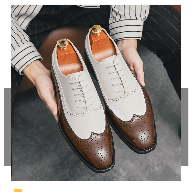 Voyage Can Ship Cross-Border Brogue Square Toe European And American Double Color Matching Men's Large Size Business Formal_voghion.com