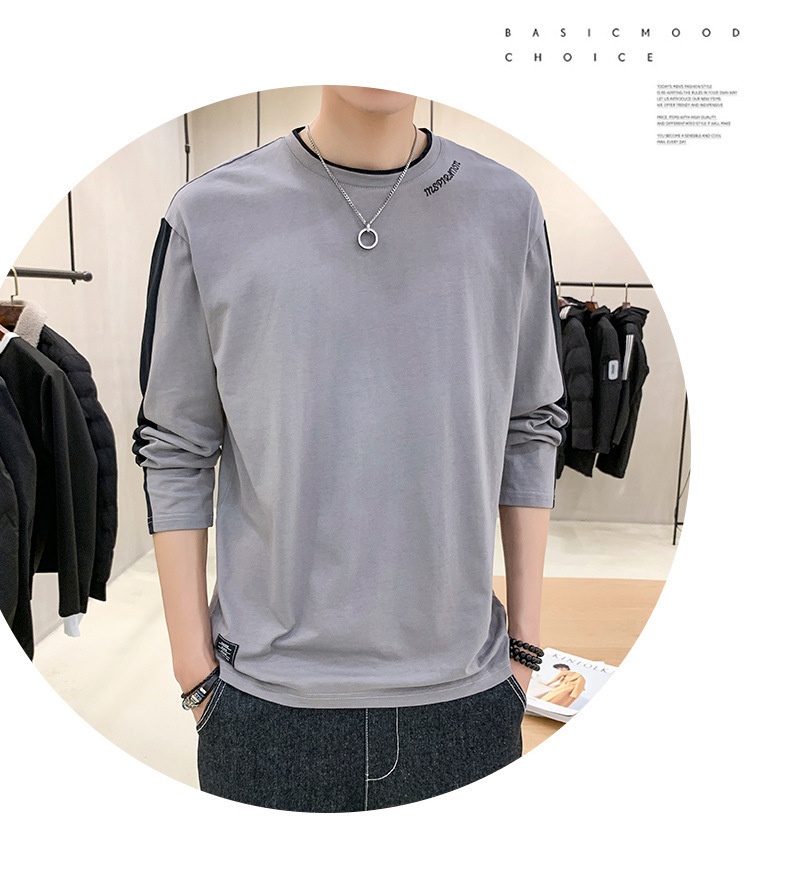 T-shirt à manches longues pour homme, collection printemps-automne, col rond tendance, coupe ample, patchwork de coton._voghion.com