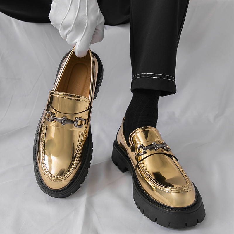 Voyage 2025 New Thick-Soled Height-Increasing Men's Large Patent Leather Glossy Casual Chunky Heel Loafers Hairstylist Trendy_voghion.com