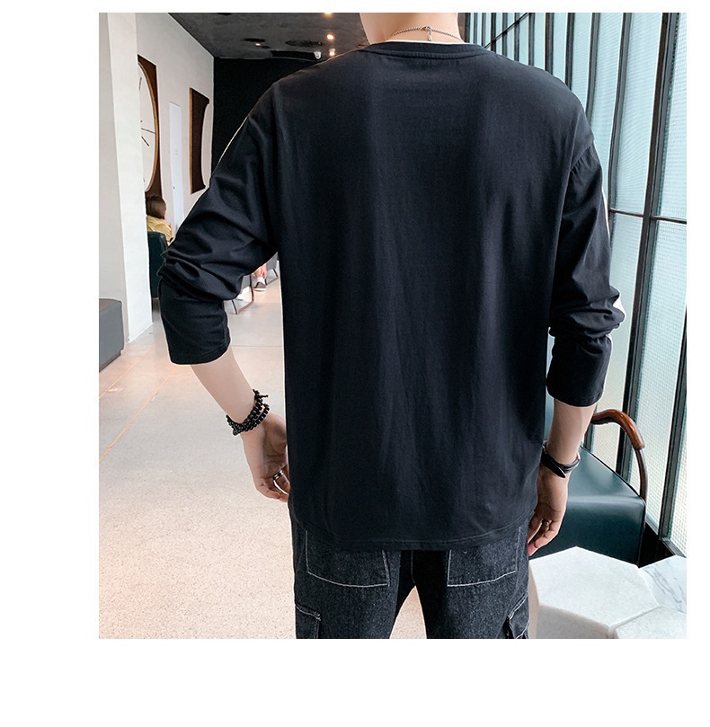 T-shirt à manches longues pour homme, collection printemps-automne, col rond tendance, coupe ample, patchwork de coton._voghion.com