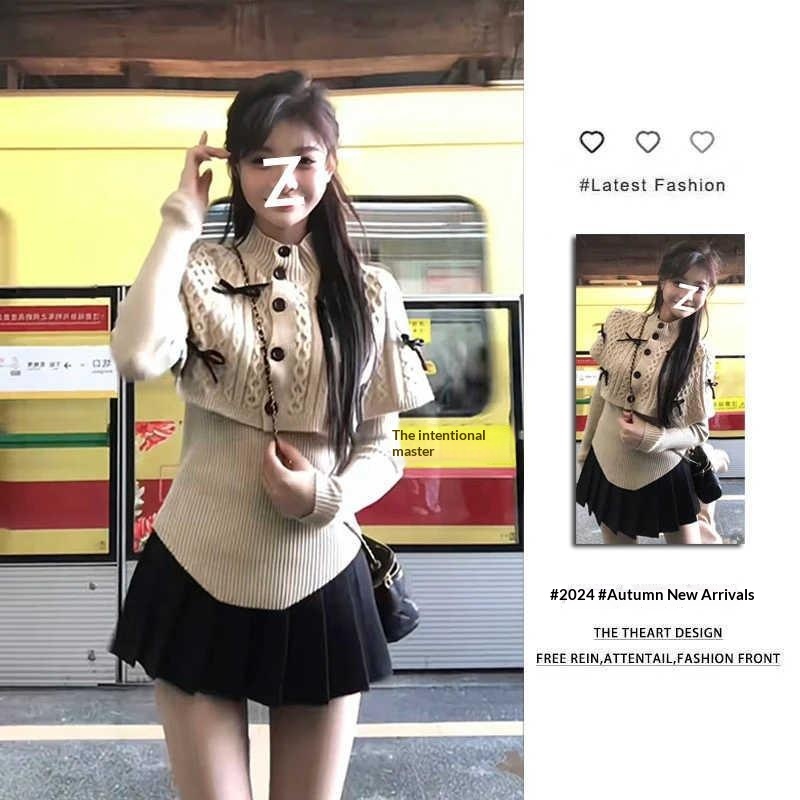 girl Girl Autumn Winter New High-End For Women Fashionable Elegant Long-Sleeve Cape Sweater Base Shirt Hot Girl Skirt Pants_voghion.com