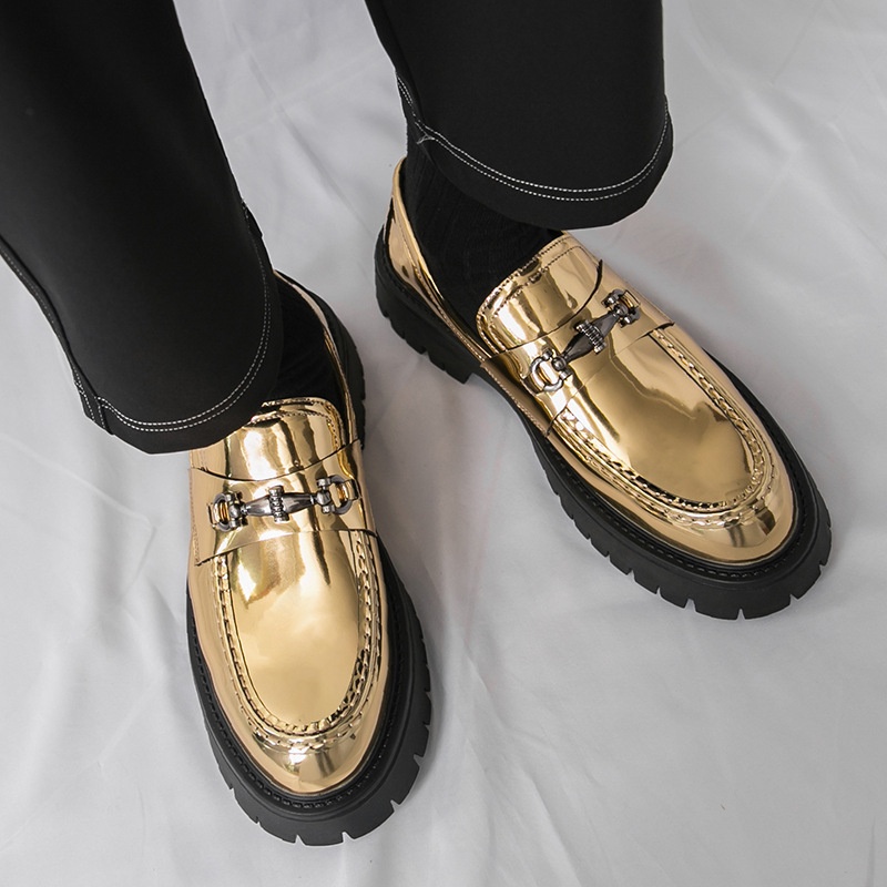 Voyage 2025 New Thick-Soled Height-Increasing Men's Large Patent Leather Glossy Casual Chunky Heel Loafers Hairstylist Trendy_voghion.com