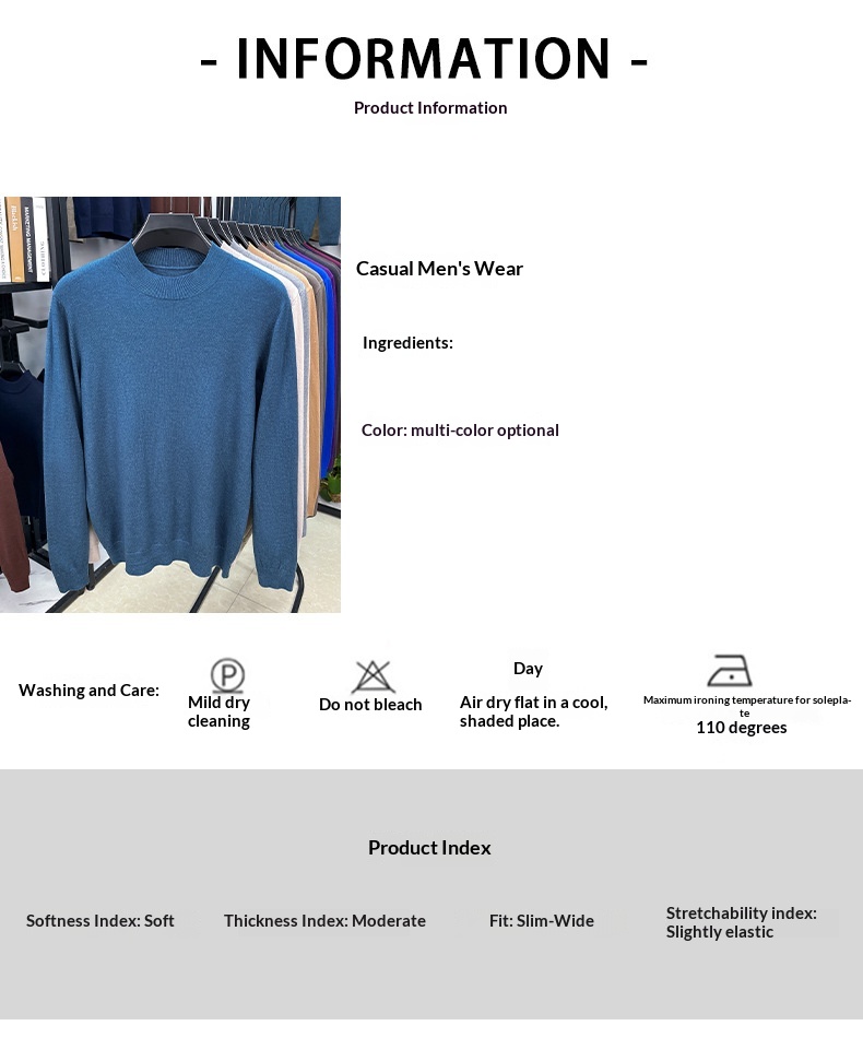 boy Boy Fine Knitted Men's Autumn Winter Half Turtleneck Casual Versatile Stretchy Warm Base Layer Wool Sweater_voghion.com