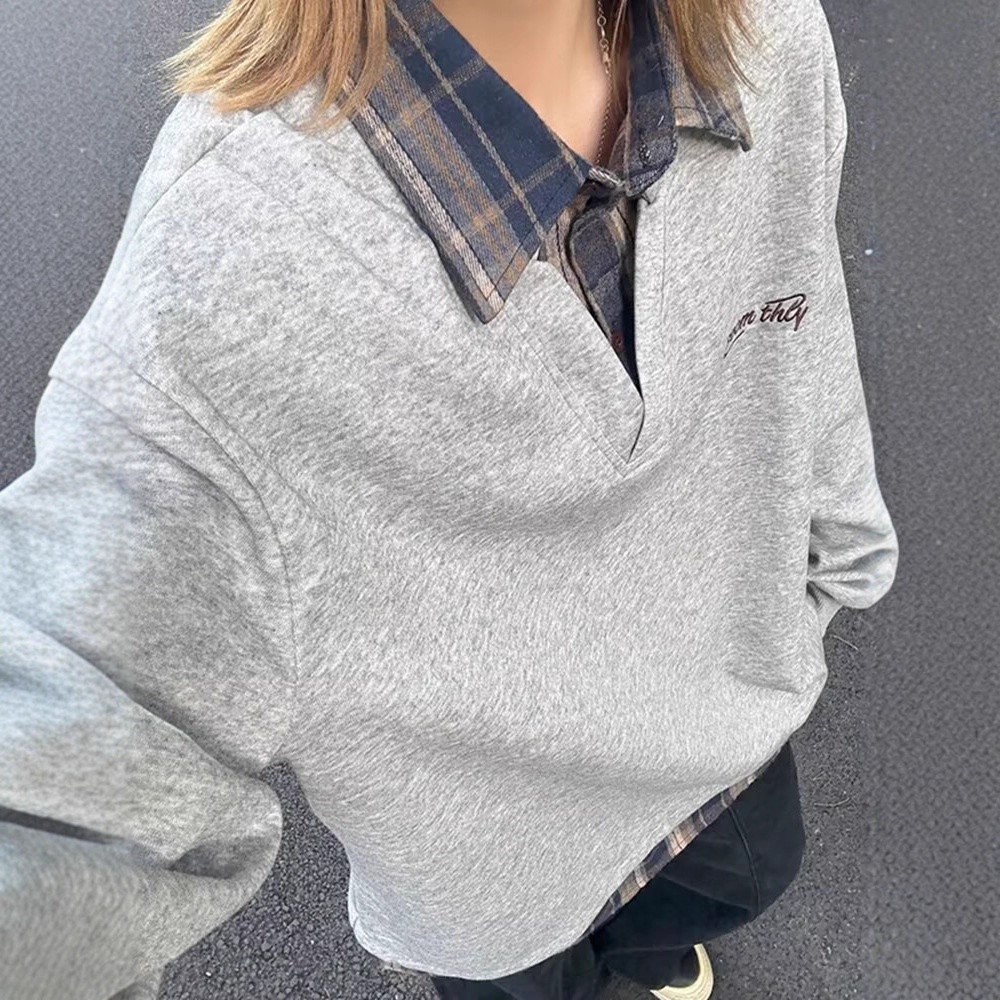 boy Boy Two-Piece Double-Layer Collar Embroidered Sweatshirt For Men Spring And Autumn Couple Long Sleeve Top American_voghion.com