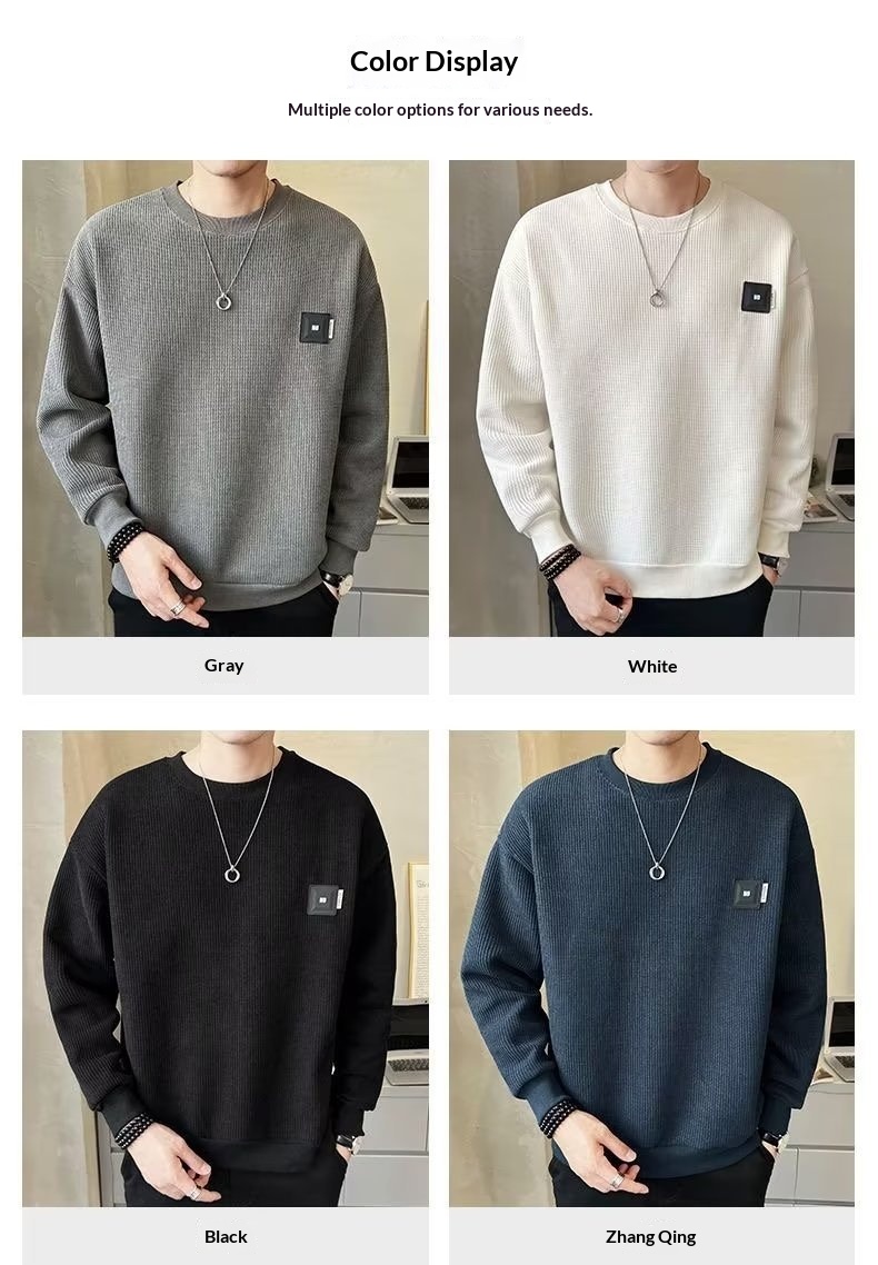 Sweat-shirt texturé pour homme, collection printemps-été, couleur unie, tendance 2023, coupe ample, col rond, style décontracté automne._voghion.com