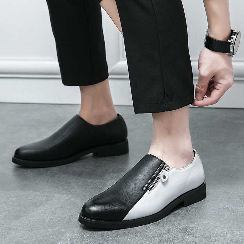 Voyage Spring Autumn Fashion Casual Leather Personality Black And White Two-tone Large Size Business Low-top Zipper Style_voghion.com