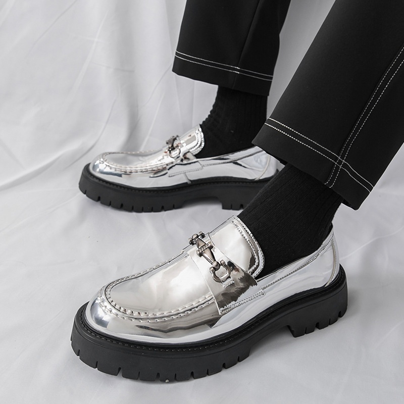 Voyage 2025 New Thick-Soled Height-Increasing Men's Large Patent Leather Glossy Casual Chunky Heel Loafers Hairstylist Trendy_voghion.com
