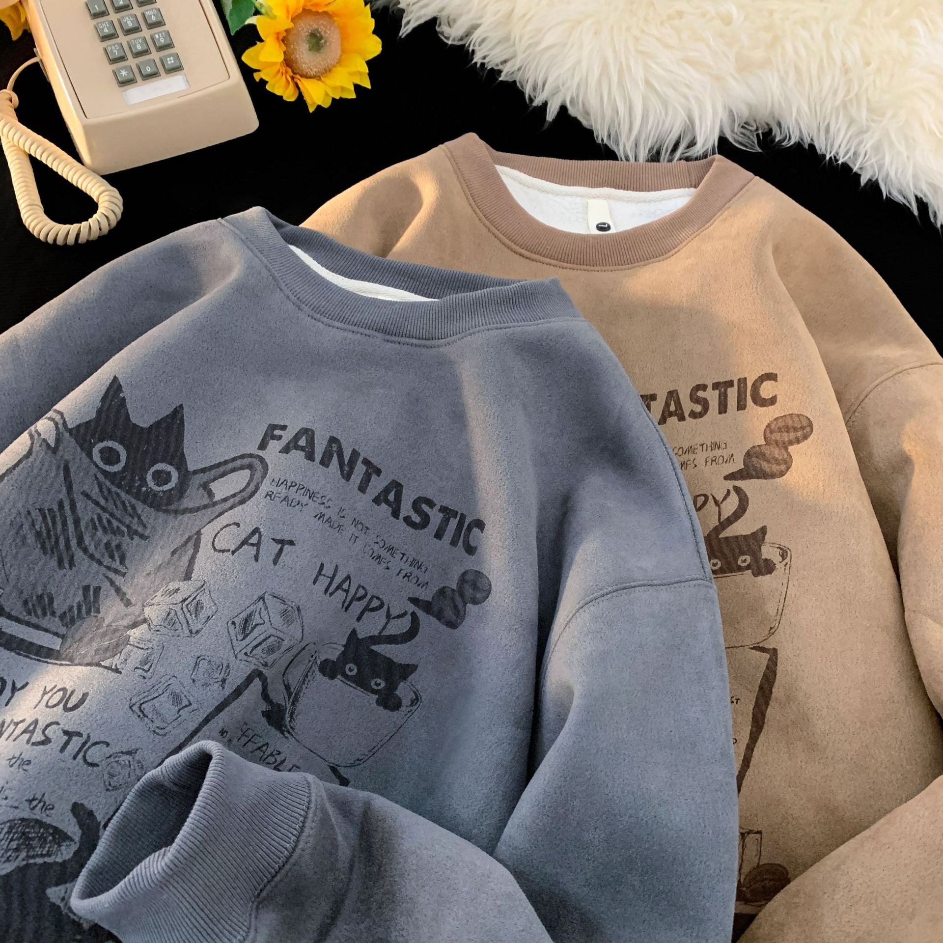 Sweat-shirt en daim épais doublé polaire à col rond pour homme, style américain, manches longues et amples, collection automne-hiver_voghion.com