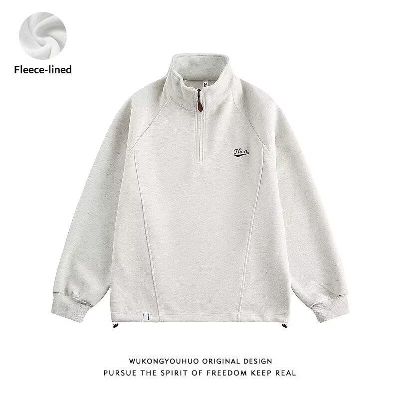 Felpa pesante oversize con collo alto ricamato in stile americano per ragazzi, modello casual, sportiva, ampia, con mezza zip_voghion.com