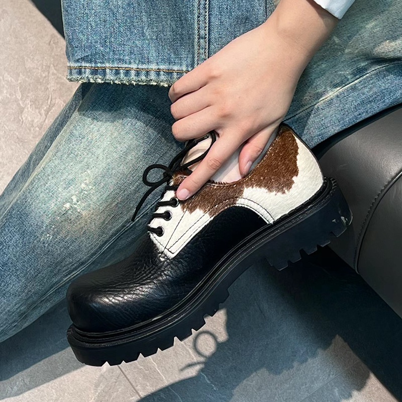 Voyage Horsehair Derby Unisex Milk Color Mandarin Duck Small Lace-up Chunky Heel Thick Sole Soft Leather Casual Shoes Trendy_voghion.com