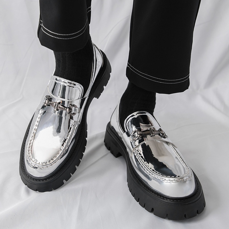 Voyage 2025 New Thick-Soled Height-Increasing Men's Large Patent Leather Glossy Casual Chunky Heel Loafers Hairstylist Trendy_voghion.com