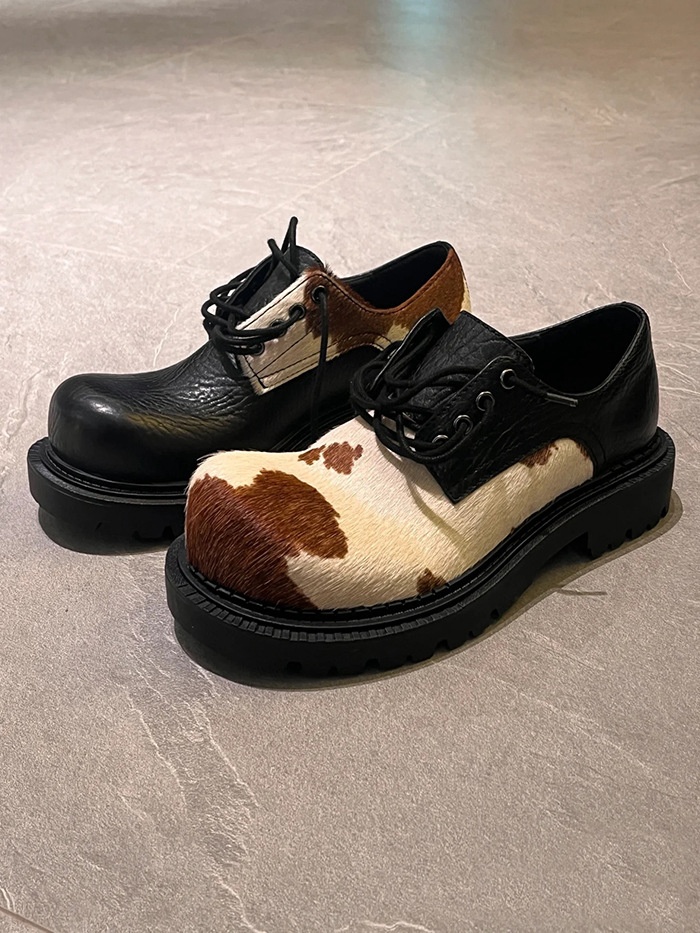 Voyage Horsehair Derby Unisex Milk Color Mandarin Duck Small Lace-up Chunky Heel Thick Sole Soft Leather Casual Shoes Trendy_voghion.com
