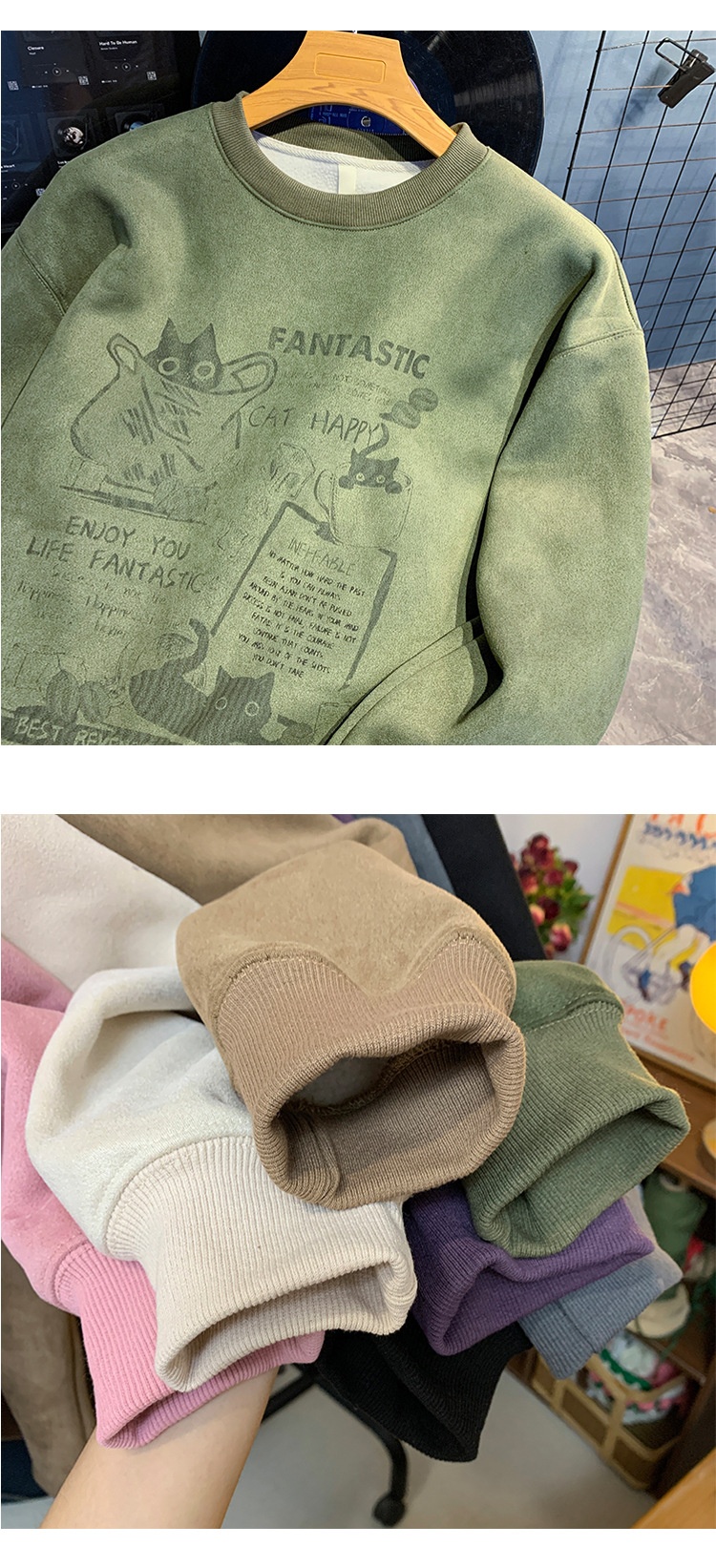 Sweat-shirt en daim épais doublé polaire à col rond pour homme, style américain, manches longues et amples, collection automne-hiver_voghion.com