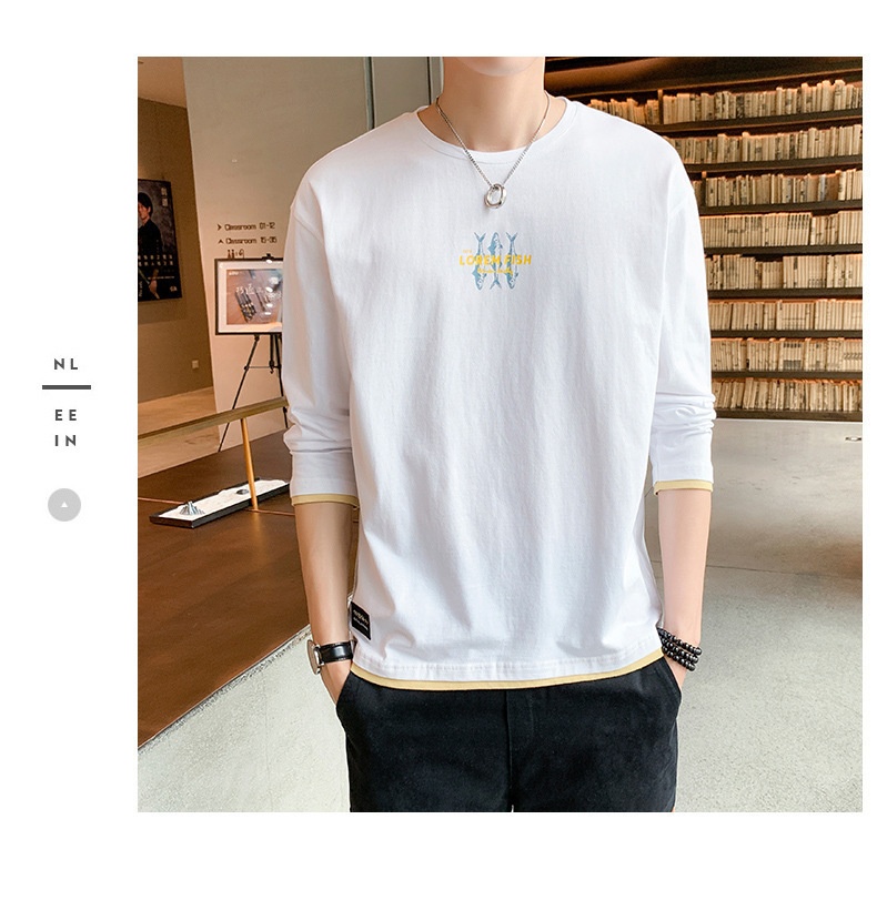 T-shirt à manches longues pour homme, collection printemps-automne, col rond tendance, coupe ample, patchwork de coton._voghion.com