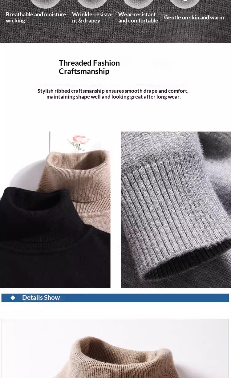 Maglione da uomo con collo alto, nero, convertibile, taglia grande, strato di base per autunno e inverno, vestibilità ampia per_voghion.com