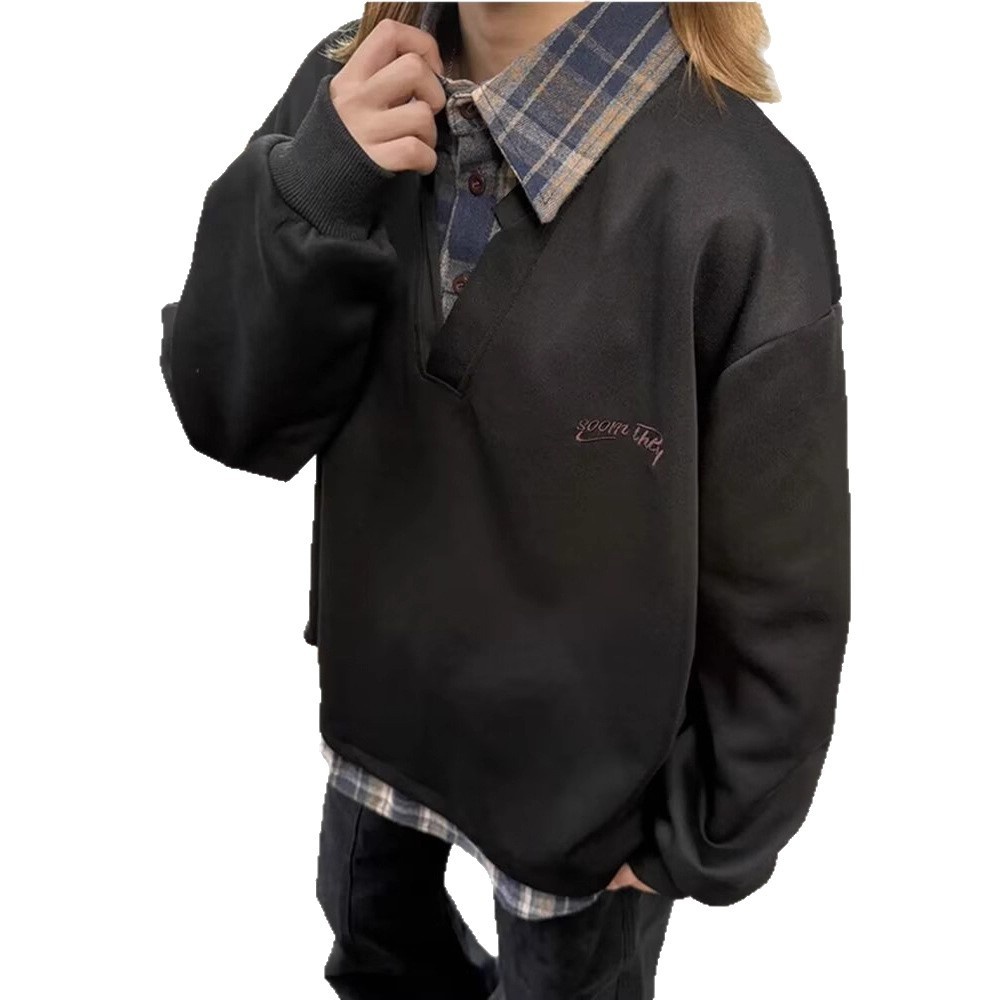 boy Boy Two-Piece Double-Layer Collar Embroidered Sweatshirt For Men Spring And Autumn Couple Long Sleeve Top American_voghion.com