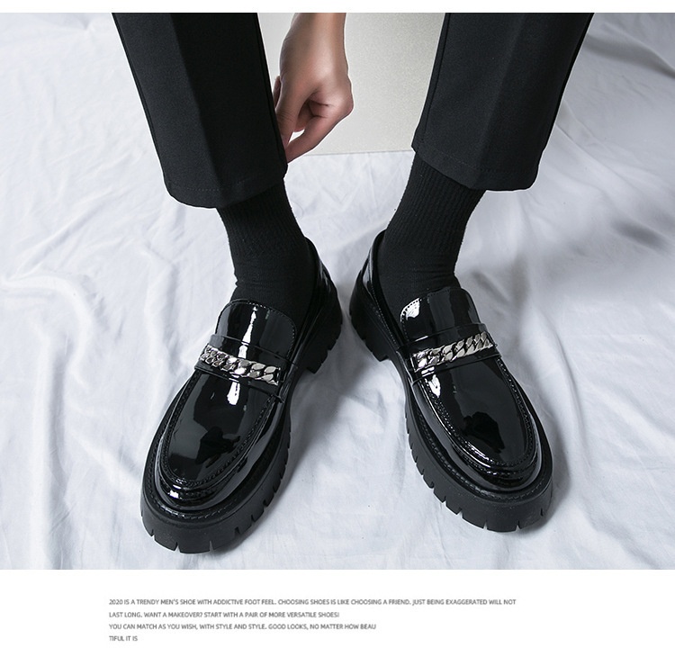 Voyage 2025 New Men's Large Toe Thick Sole Height Increasing Patent Leather Glossy Casual Chunky Heel Loafers Hairstylist_voghion.com