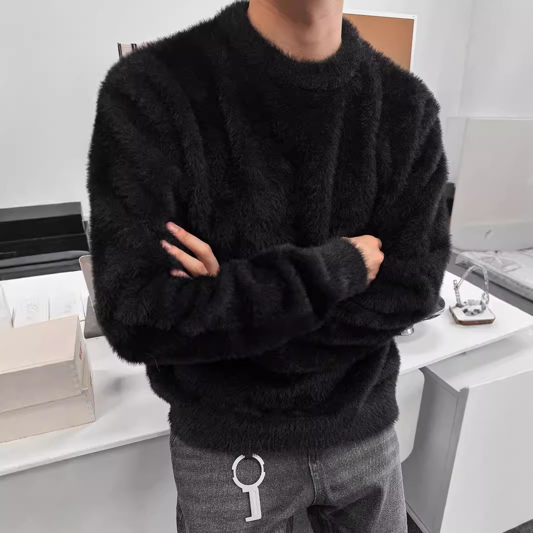 Maglione in lana di visone tinta unita con scollo rotondo, stile coreano, autunno e inverno, unisex, maglia larga_voghion.com