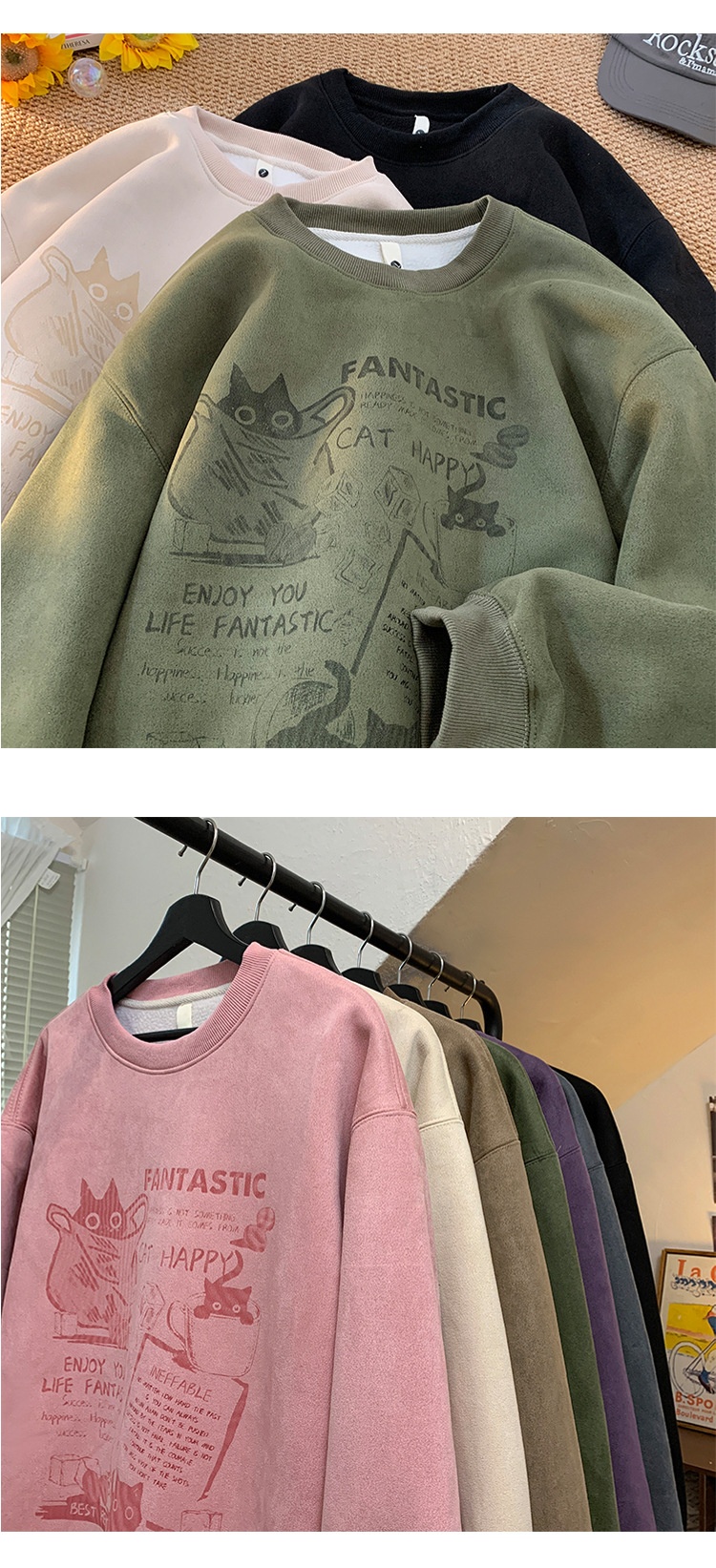 Sweat-shirt en daim épais doublé polaire à col rond pour homme, style américain, manches longues et amples, collection automne-hiver_voghion.com