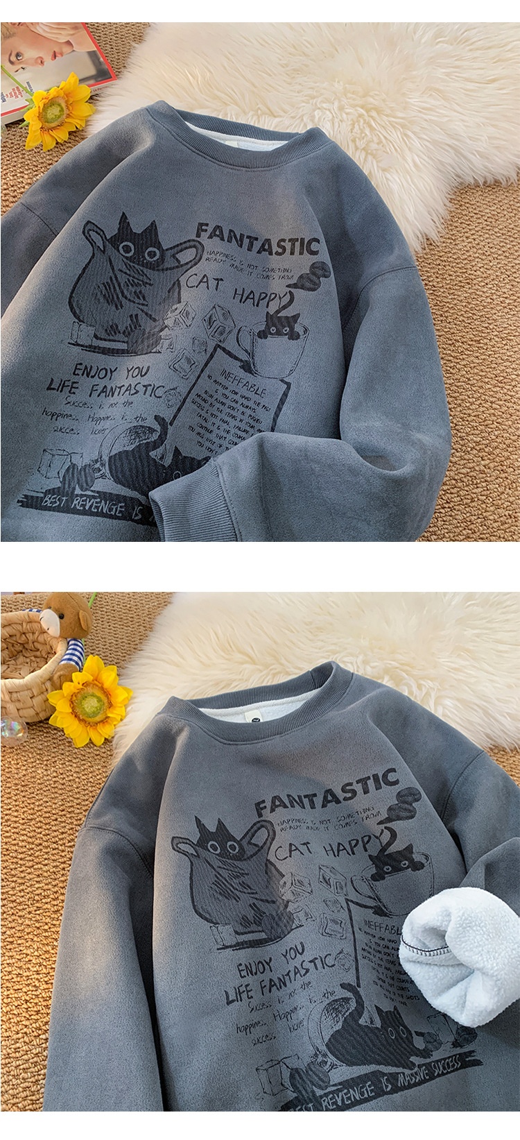 Sweat-shirt en daim épais doublé polaire à col rond pour homme, style américain, manches longues et amples, collection automne-hiver_voghion.com