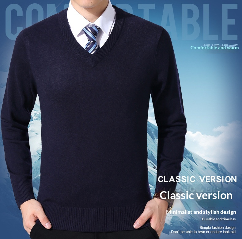 Maglione invernale in lana per uomo di mezza età, versatile, classico, con scollo a V, tinta unita, da uomo Boy Boy 2024_voghion.com