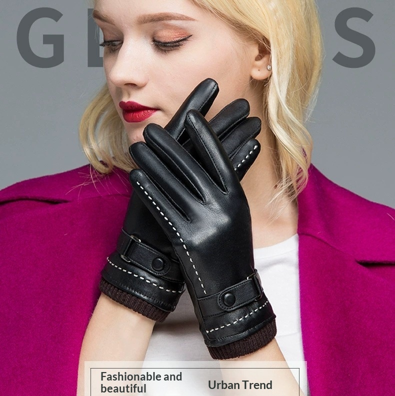 boy Boy Boy Winter Leather Gloves For Women, Fleece-Lined, Warm, Sheepskin Texture, Touchscreen, Thickened, Cross-Border_voghion.com