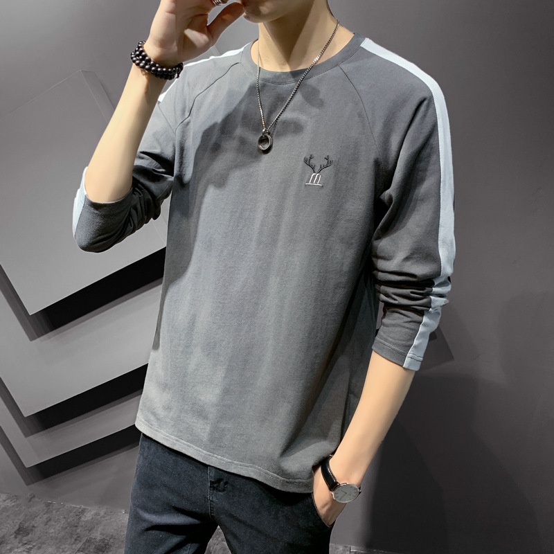 T-shirt à manches longues pour homme, collection printemps-automne, col rond tendance, coupe ample, patchwork de coton._voghion.com