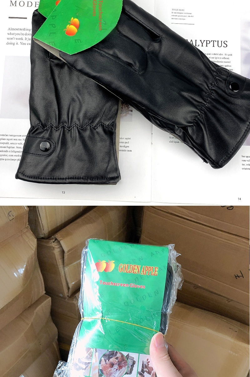 boy Boy Boy Cycling Men Women, Thickened Fleece-Lined, Warm Genuine Leath, Windproof And Watproof, Black Leath Gloves For_voghion.com