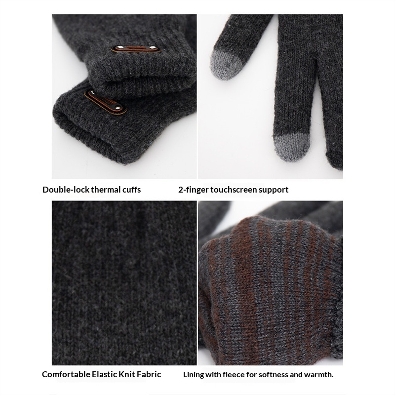 Jungen-Handschuhe mit Touchscreen für den Winter, wärmend und kältegeschützt, doppellagig, gefüttert, dick, gestrickt, fünf Finger, Herren_voghion.com