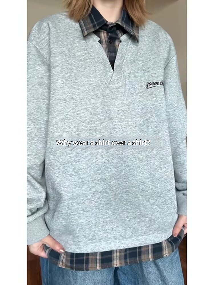 boy Boy Two-Piece Double-Layer Collar Embroidered Sweatshirt For Men Spring And Autumn Couple Long Sleeve Top American_voghion.com